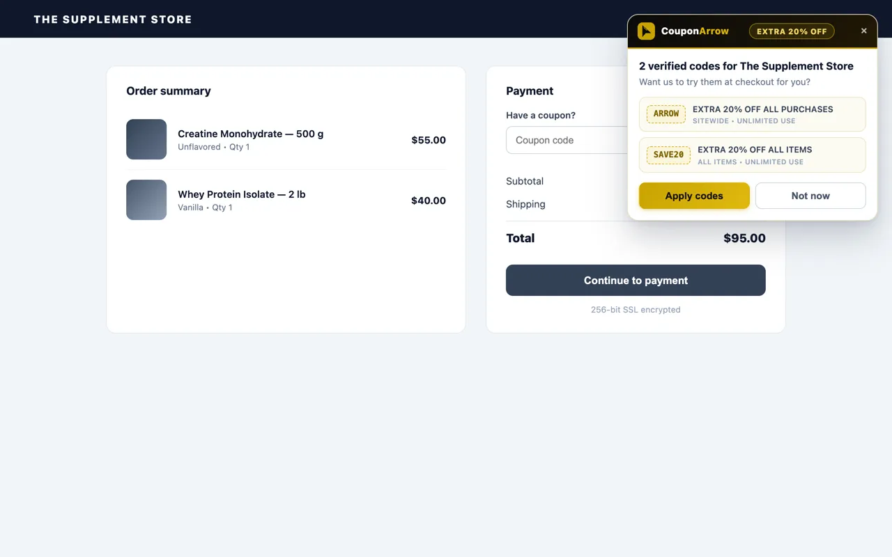 The CouponArrow prompt card on a store checkout page, listing two verified codes with an Apply codes button