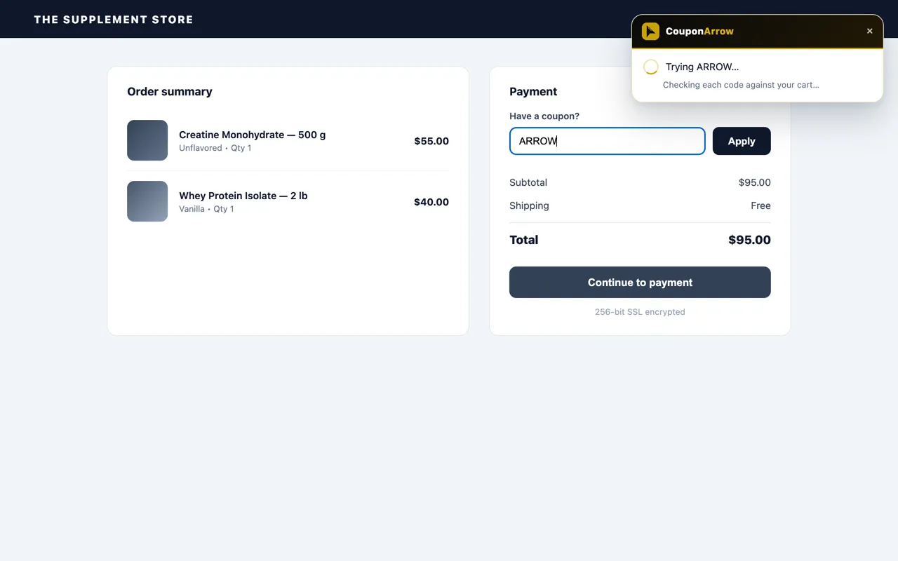 The CouponArrow card in its progress state while a code is being tried at checkout