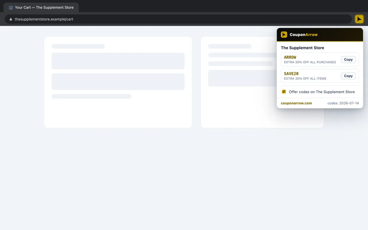The panel that opens when the CouponArrow toolbar icon is clicked on a partner store, listing the store's verified codes with copy buttons and a per-store toggle