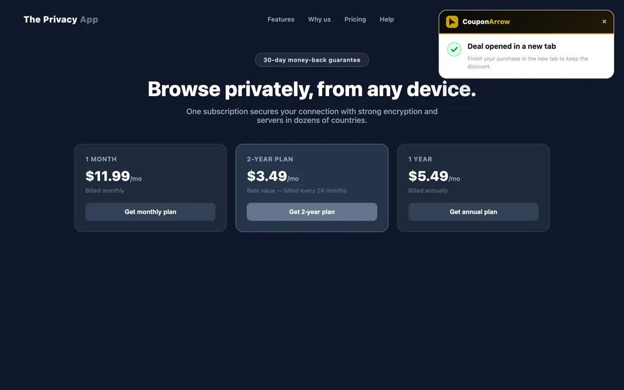 The CouponArrow card confirming the deal link opened in a new tab, after tapping Redeem deal
